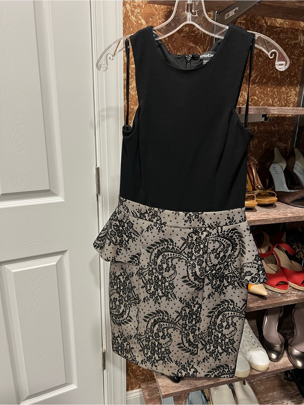 bebe Black and Beige Lace-Print Peplum Mini Dress